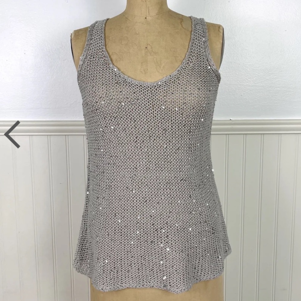 Eileen Fisher Sequined Chain Mail Knit Tank Top L NWT Silver